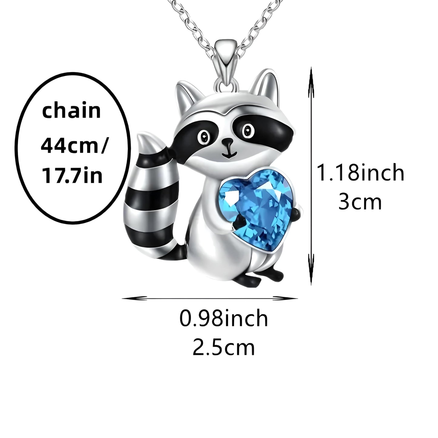 Smiling Raccoon Necklace, Holding a Blue Heart, Silver and Black - Racoon Jewerly Gift