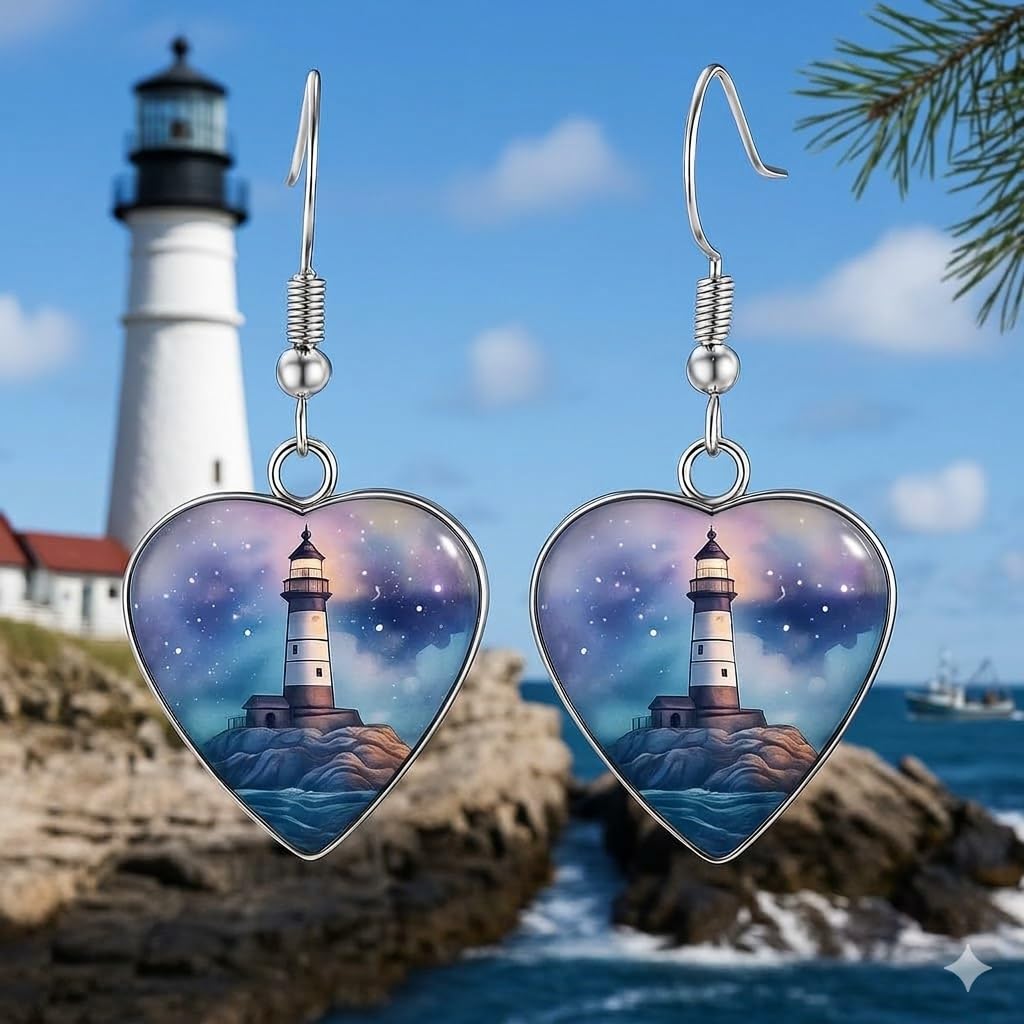 Teardrop Lighthouse Dangle Earrings, Nautical Design, 1.77 inch Length, Silver