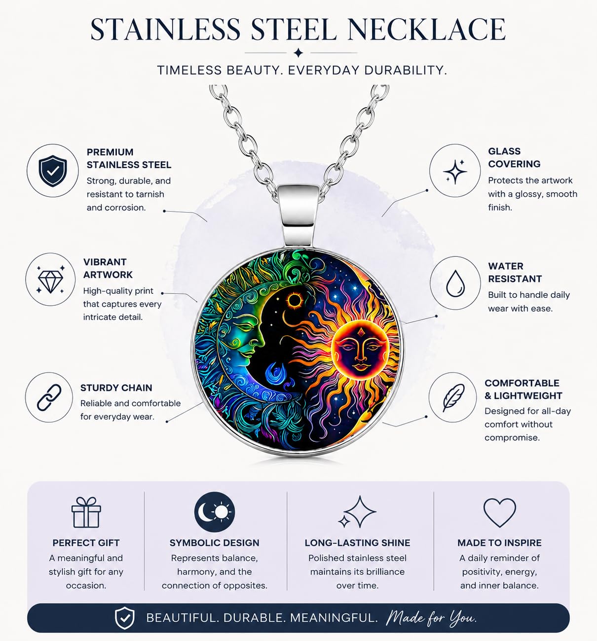 1pc Stunning Round Pendant Necklace - Unique Sun & Moon Pattern, Oil Painting Style Glass Mosaic, Alloy Construction, Trendy Sweater Chain, Fashionable Gift for Women - Christmas or Birthday Gift