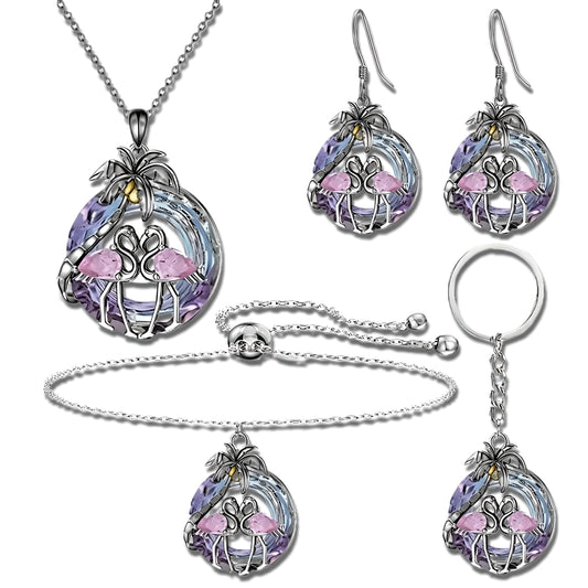 Tropical Flamingo Jewelry Set with Necklace, Bracelet, Earrings and Keychain, Pink and Purple Crystal Beach Design, Silver