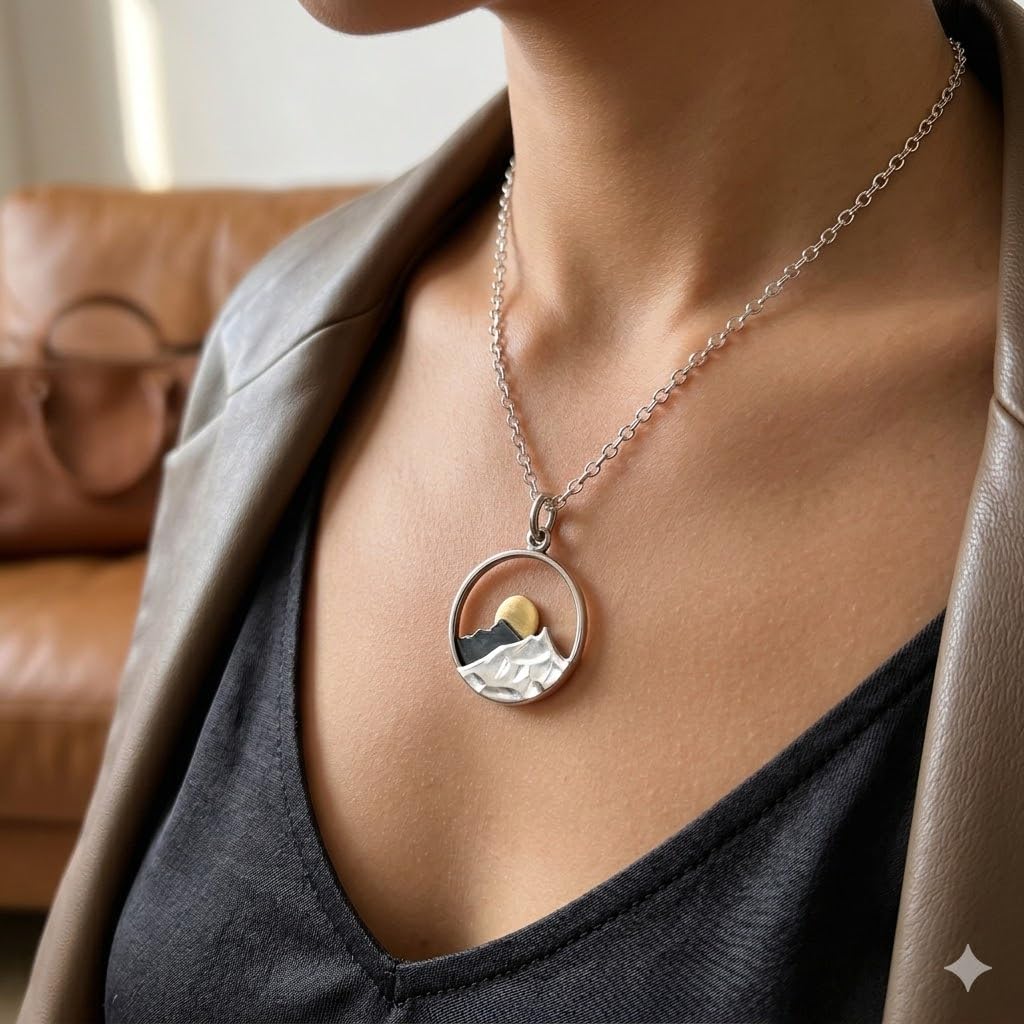 SUPAC Mountain Scene Pendant Necklace, Silver Chain, Nature Landscape Design, Circle Pendant