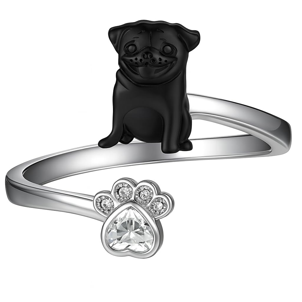 SUPAC German Shepherd, Yorkie, Pug Dog Paw Adjustable Ring, Sterling Silver, Paw Print Design with Crystal Accents - Christmas, Birthday, or Party Ring