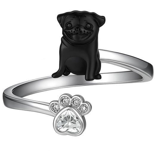 SUPAC German Shepherd, Yorkie, Pug Dog Paw Adjustable Ring, Sterling Silver, Paw Print Design with Crystal Accents - Christmas, Birthday, or Party Ring