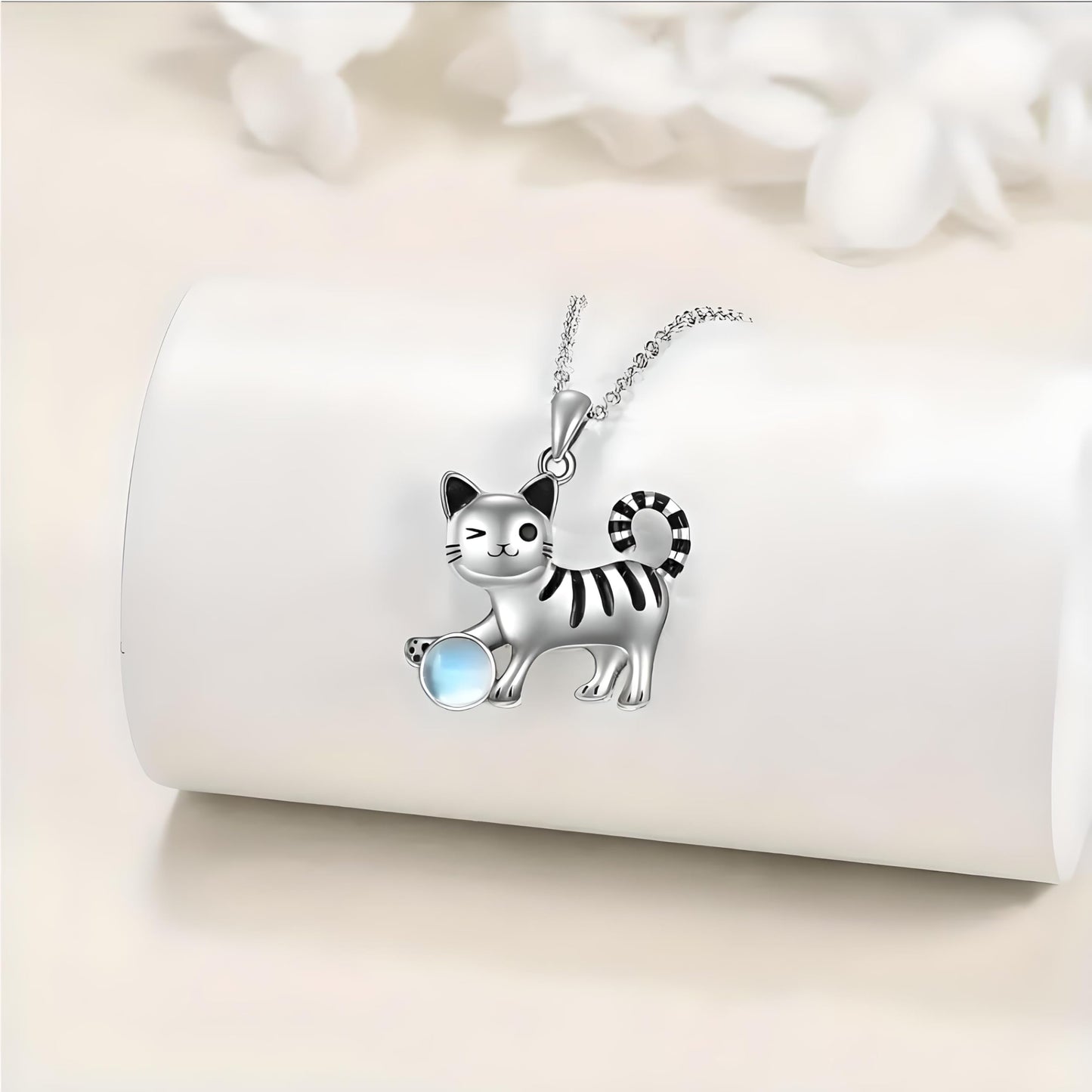SUPAC Winking Cat Pendant Necklace Playing With Blue Ball, Sterling Silver Chain, Moonstone Ball Charm - Cat Lovers' Gift