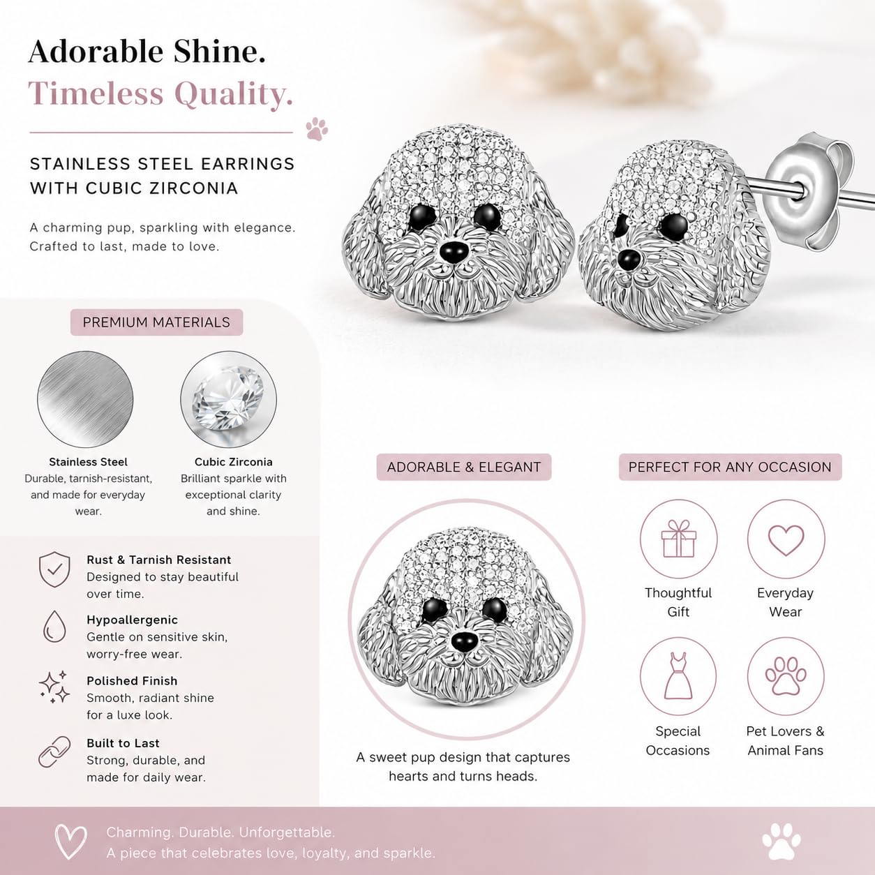 Dog Lovers' Earrings, Different Dog Breed Stud Earrings with Crystals, Rose Gold and Silver Tone - Party, Birthday, or Christmas Gift
