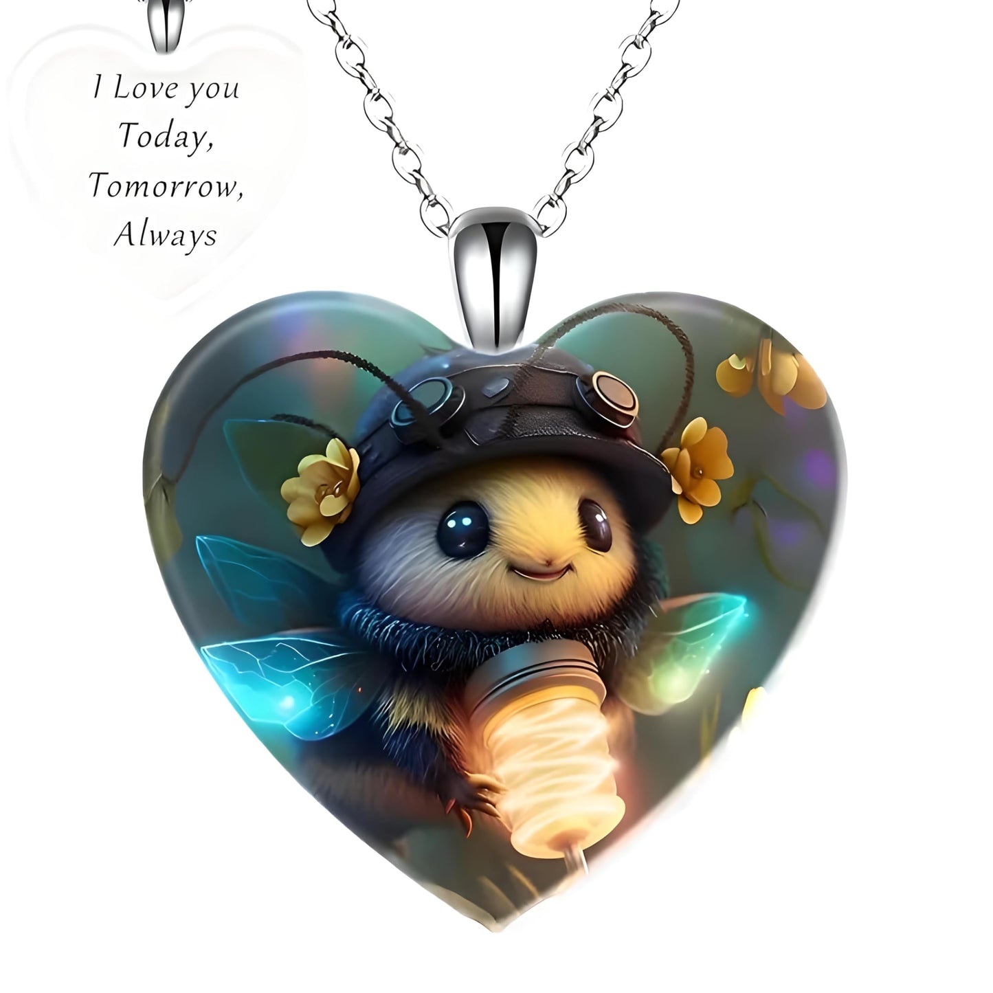 Heart-Shaped Pendant Necklace with Different Animals - Panda, Horse, Deer, Cat, Elephant, Dog Scenic Views, Stainless Steel Necklace with Glass Pendant - Christmas, Holiday, or Birthday Gift (Wasp)
