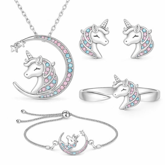SUPAC Unicorn Crystal Jewelry Set, Moon Necklace, Earrings, Ring and Bracelet, Silver - Unicorn Jewerly Gift