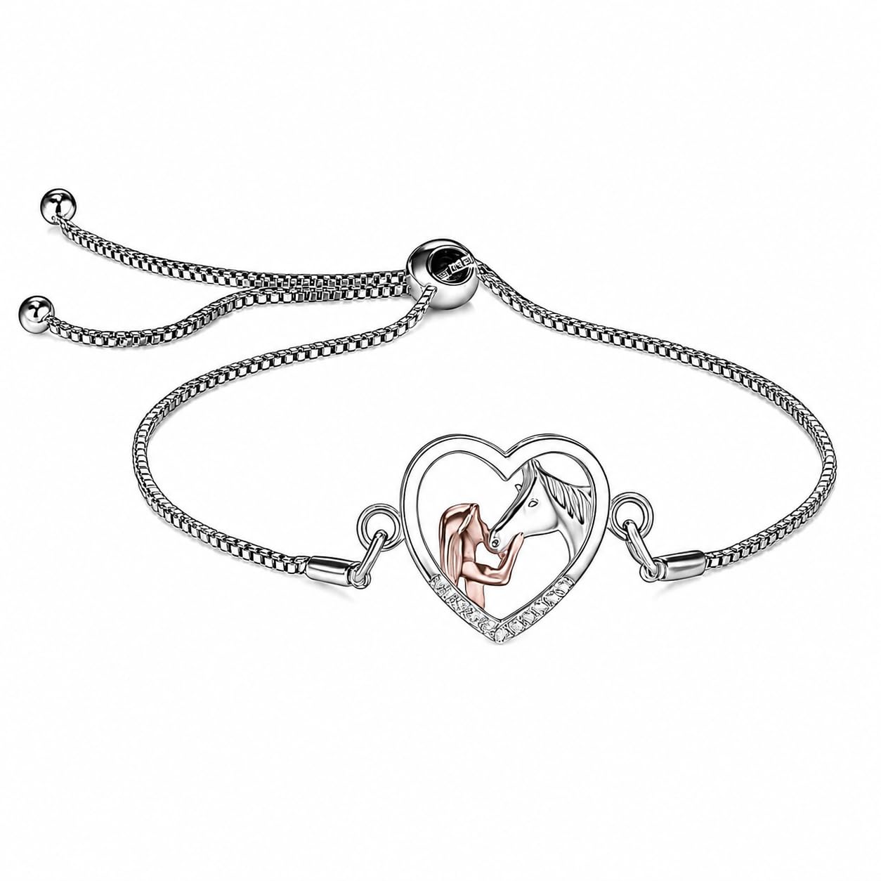 SUPAC Heart-Shaped Horse Jewelry Set, Silver and Rose Gold, Necklace and Earrings with Crystal Accents, 18+2 inch Chain