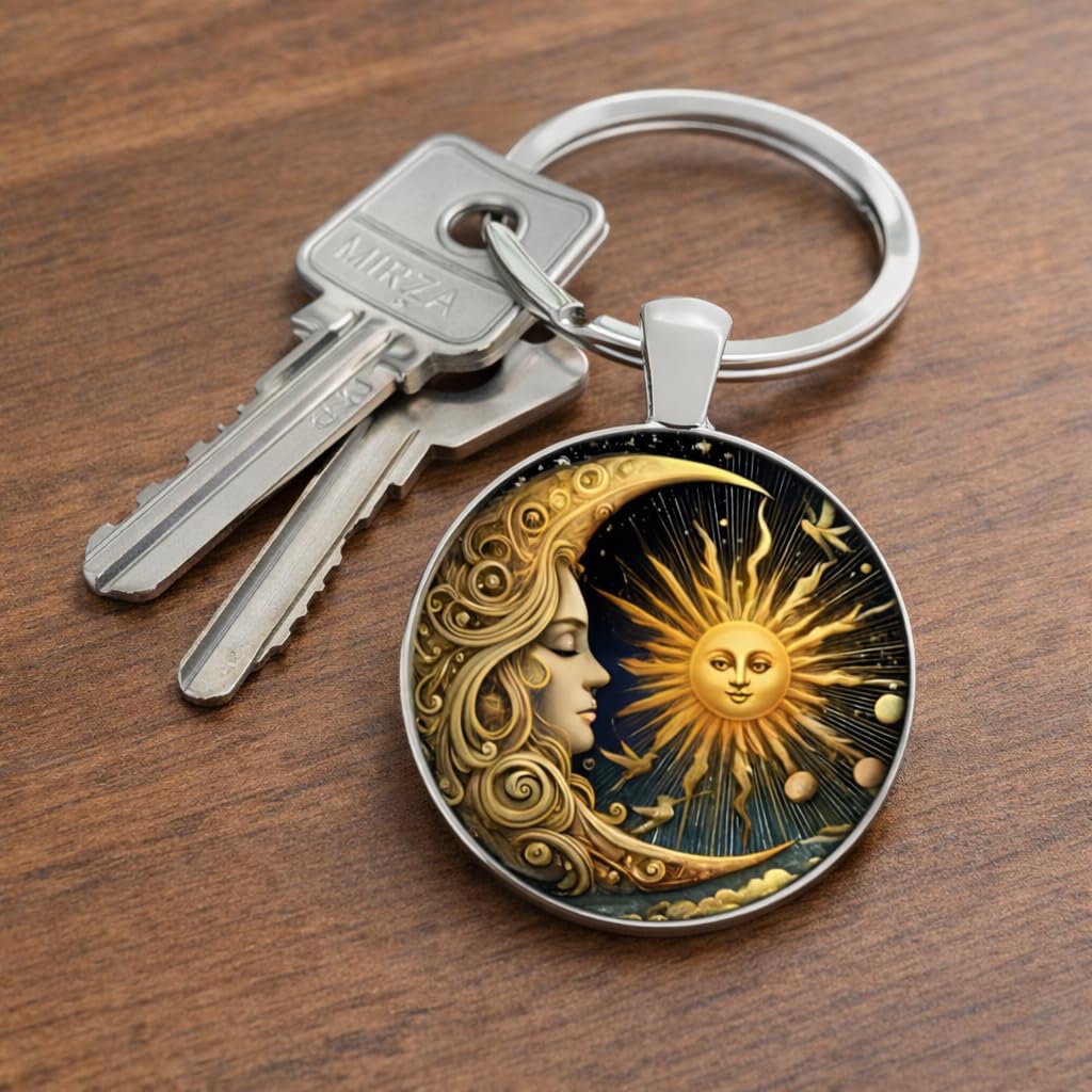 Celestial Sun and Moon Keychain, Art Nouveau Style Metal Key Ring with Mythological Design, 1.18 x 1.09 Inch Round Pendant