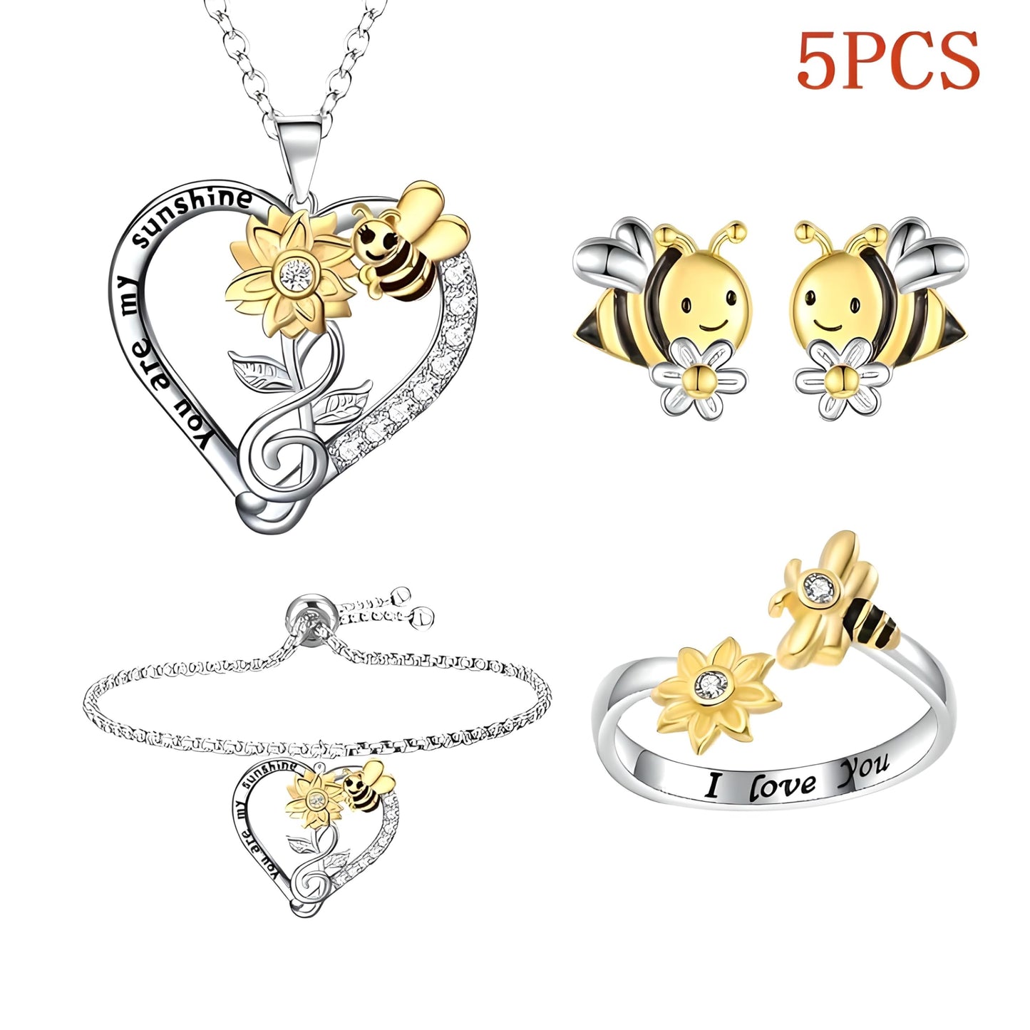 Bee and Sunflower Jewelry Set with Heart Necklace, Bracelet, Ring and Earrings, Two-Tone Silver and Gold