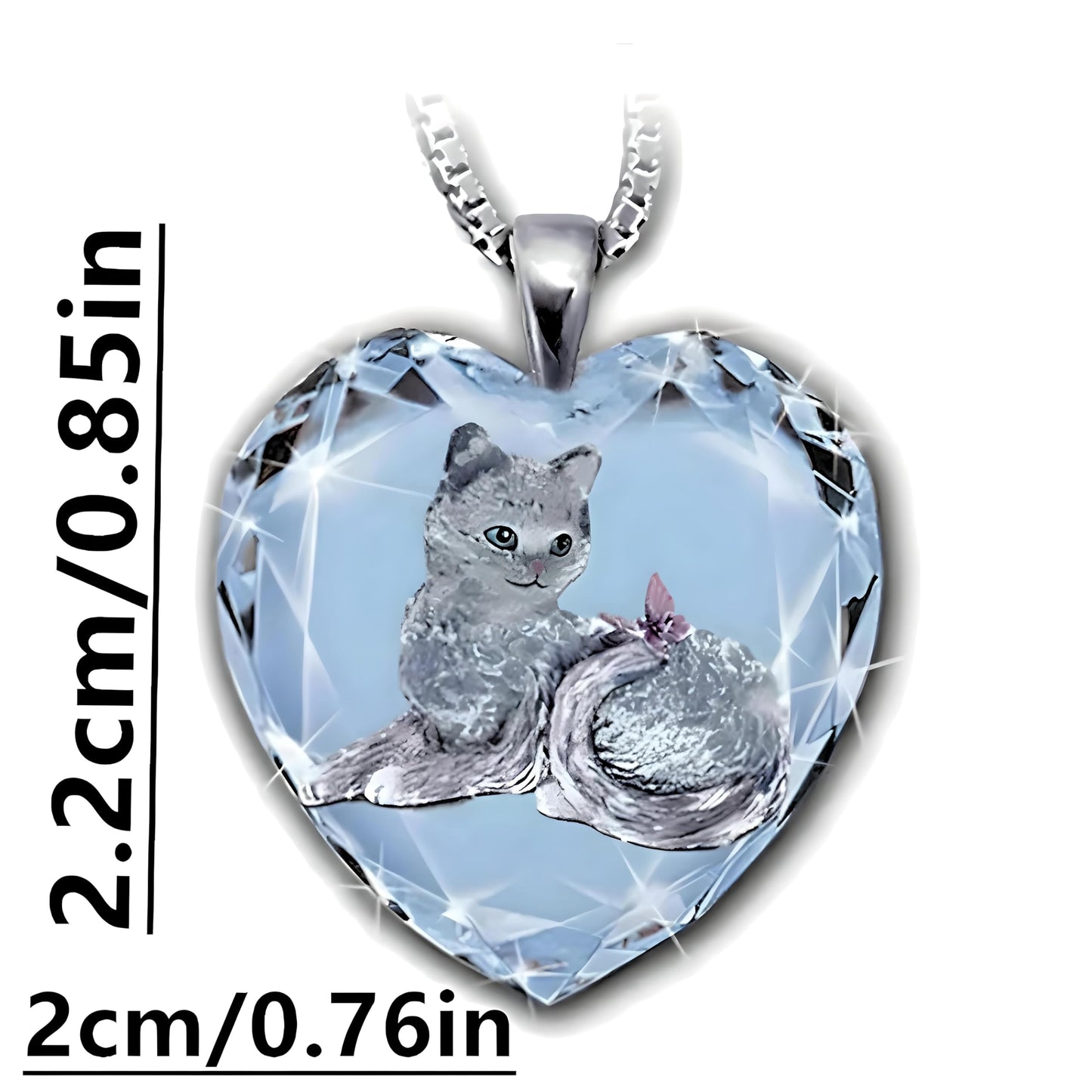 Crystal Heart Cat Pendant Necklace, Blue Glass Heart with Silver Cat Design