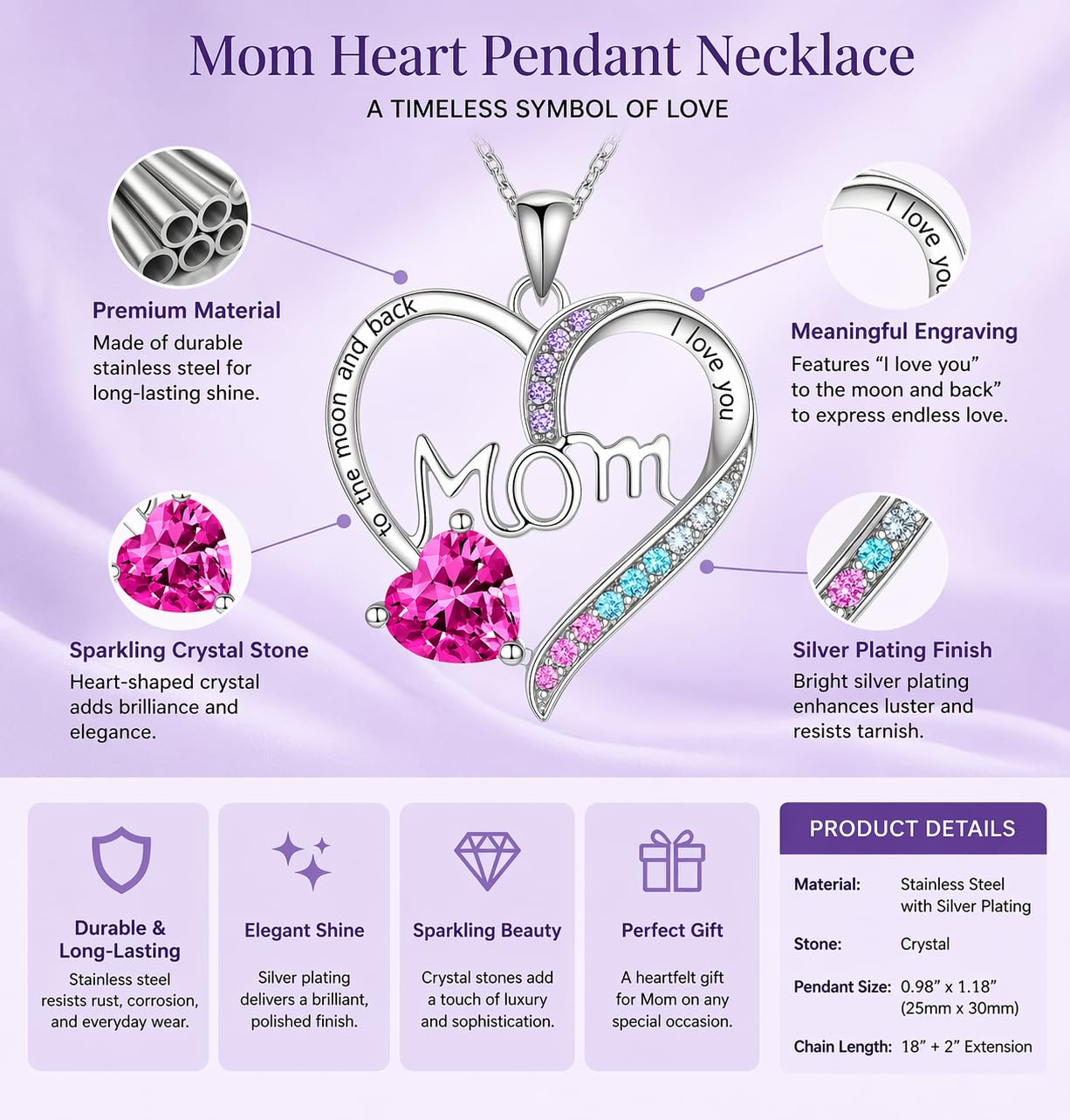 SUPAC Heart Mom Necklace, Sterling Silver Crystal Pendant with Pink Heart Stone, I Love You to the Moon and Back - Mother's Day Gift
