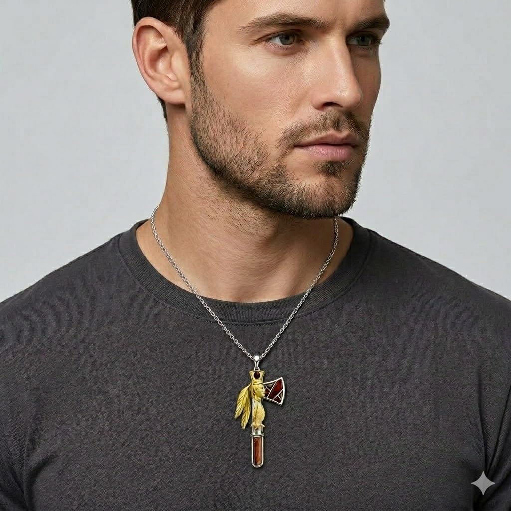 Indian Axe Pendant Necklace, Native American Wolf Design, Stainless Steel Chain