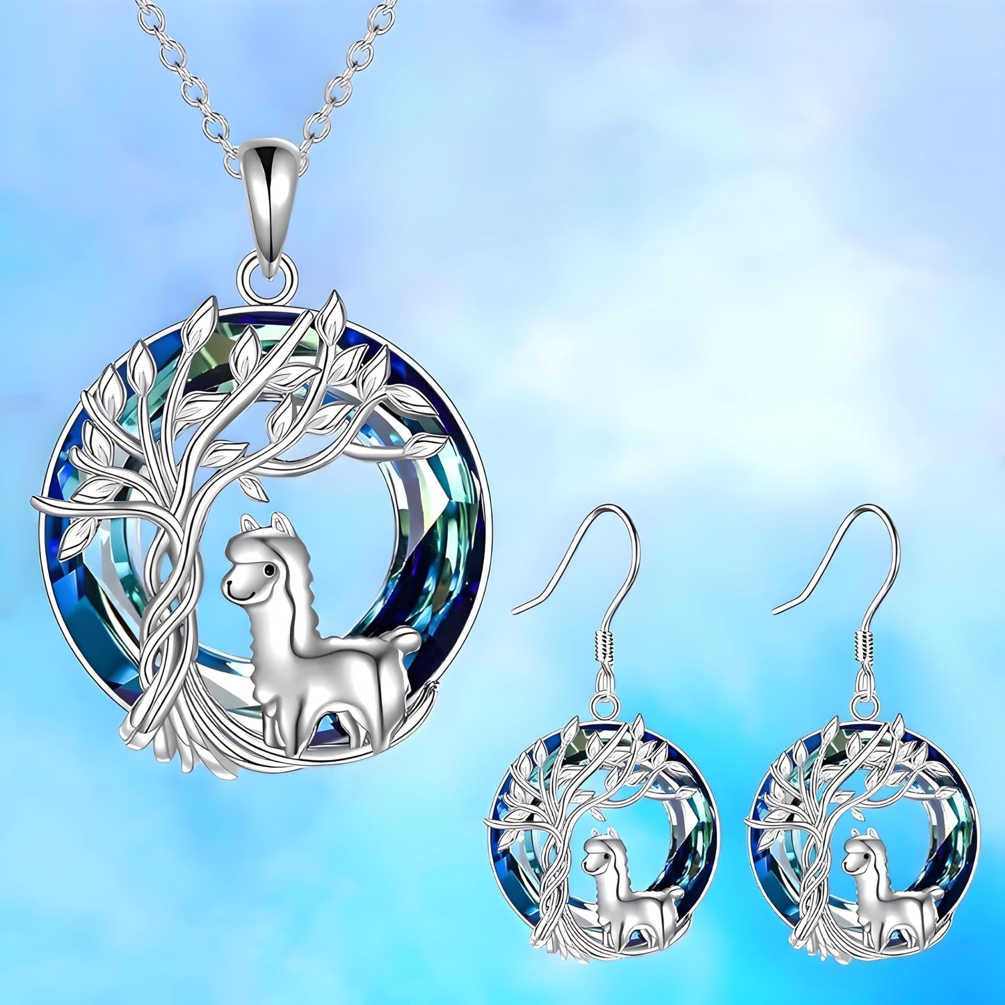 Alpaca Tree of Life Jewelry Set, Silver Pendant Necklace and Drop Earrings, Blue Crystal, 0.85 inch
