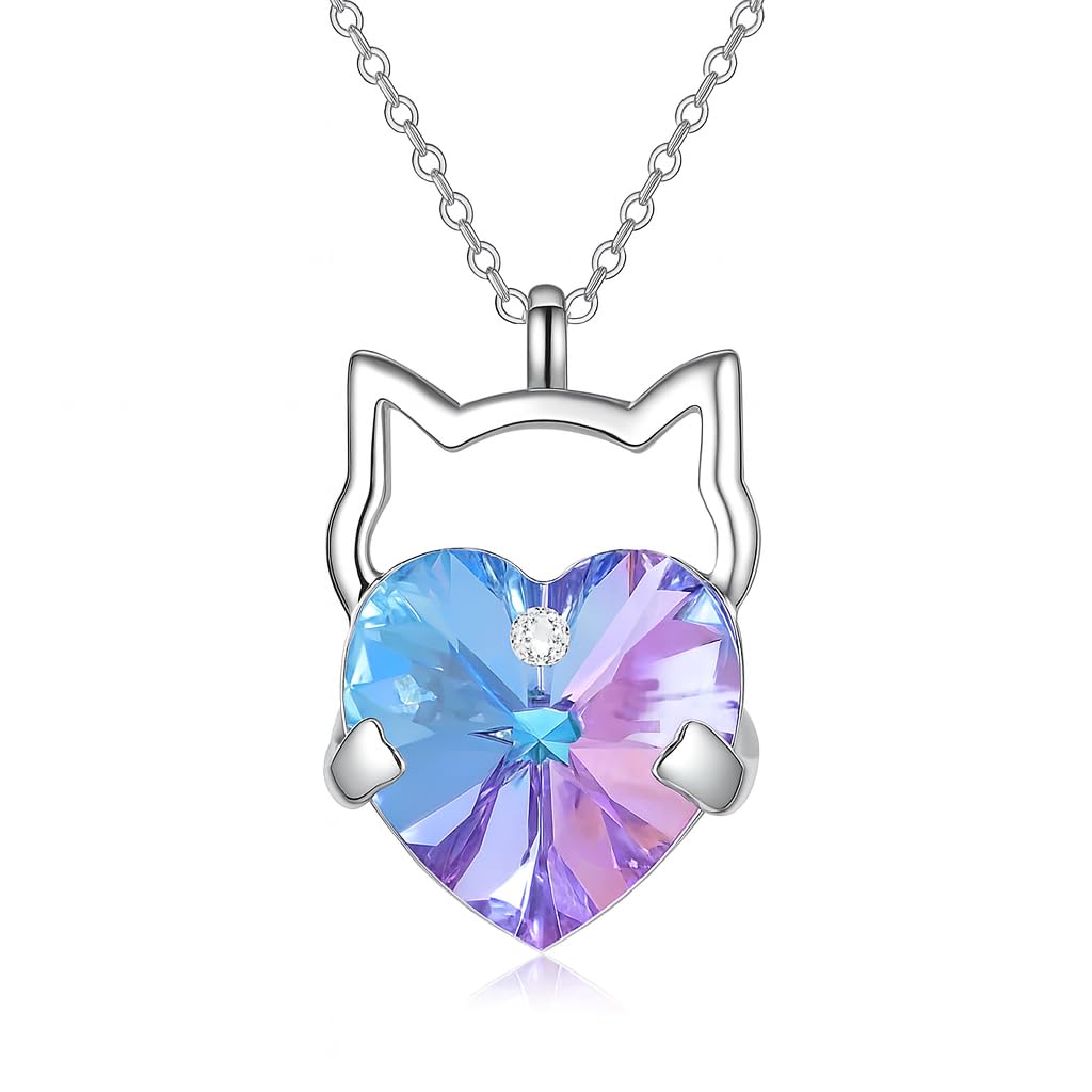 Crystal Cat Pendant Necklace, Silver Chain with Sleeping Cat Design, 17.7 inch Length