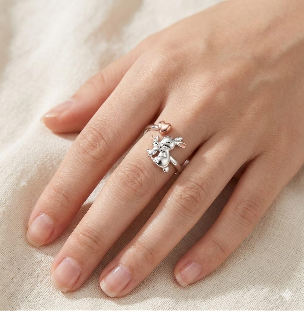 Silver Mom Daughter Adjustable Animal Ring Love Heart Animal Rings Jewelry Mother's Day Gifts for Women Wife Nana 6+ Variaitons (Rabbit)