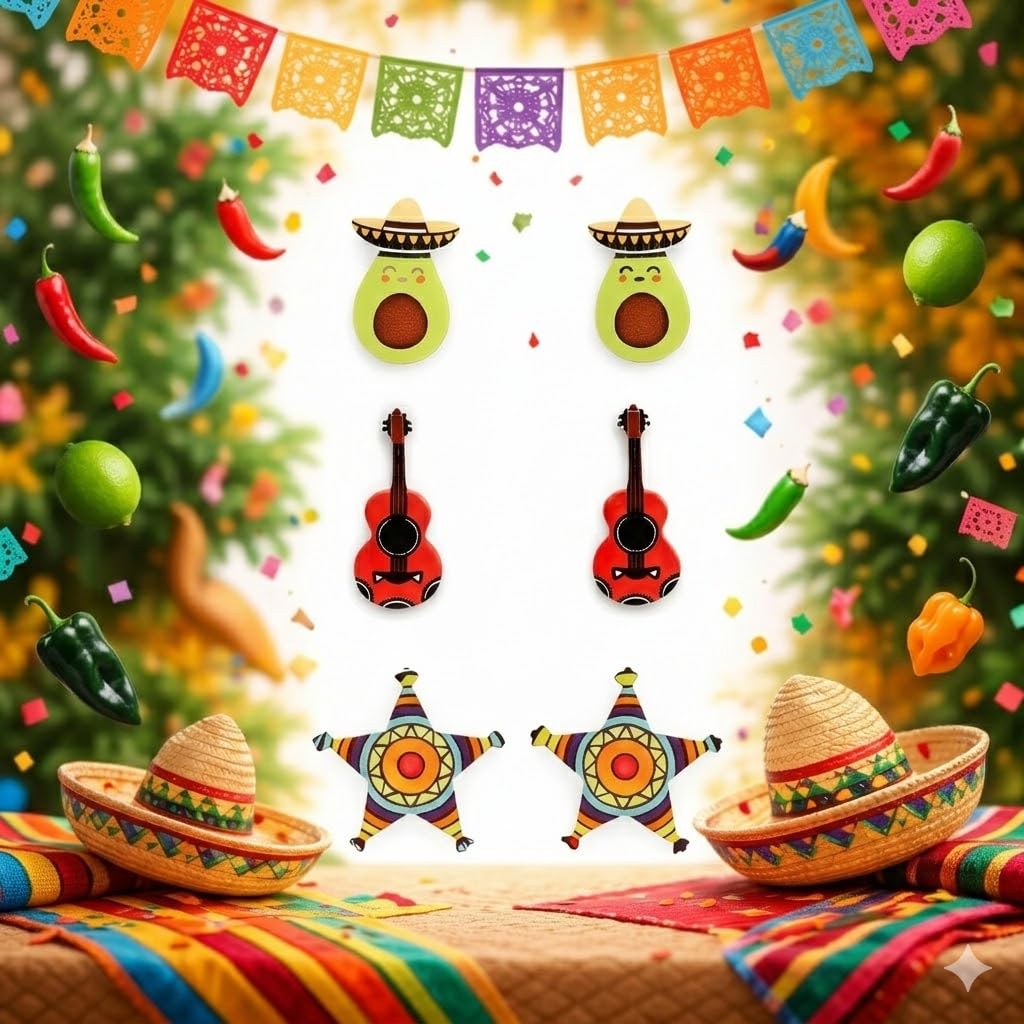 Cute Taco Stud Earrings Set, 3 Pairs of Mexican Cinco de Mayo Food Jewelry, Different Facial Expressions - 0.59 inch