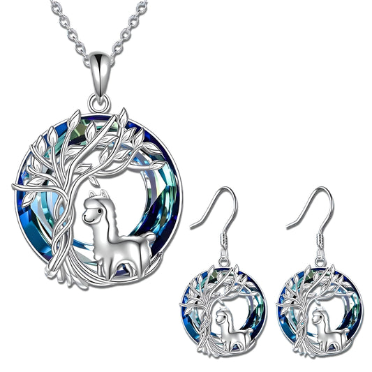 Alpaca Tree of Life Jewelry Set, Silver Pendant Necklace and Drop Earrings, Blue Crystal, 0.85 inch