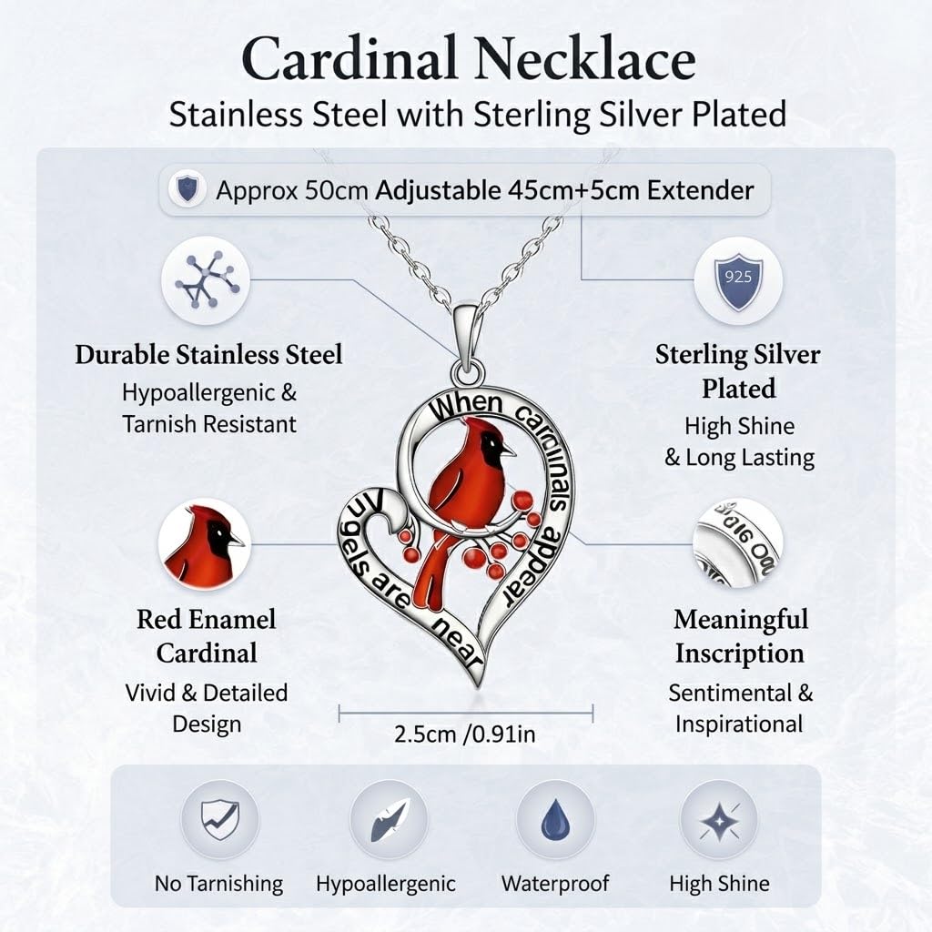 SUPAC Red Cardinal Necklace, Silver-Plated 'I Am Always with You' Inspirational Message, Adjustable - Christmas, Party, or Birthday Gift