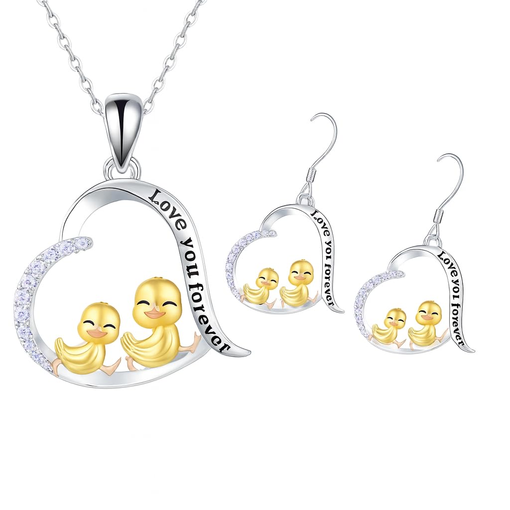 SUPAC Unique Heart-Shaped Duckling Pendant Necklace - Get Your Ducks in a Row! Forever in my heart -Exquisite Rhinestones, Plated White K Alloy, Fashionable Birthday Graduation Gift for Her