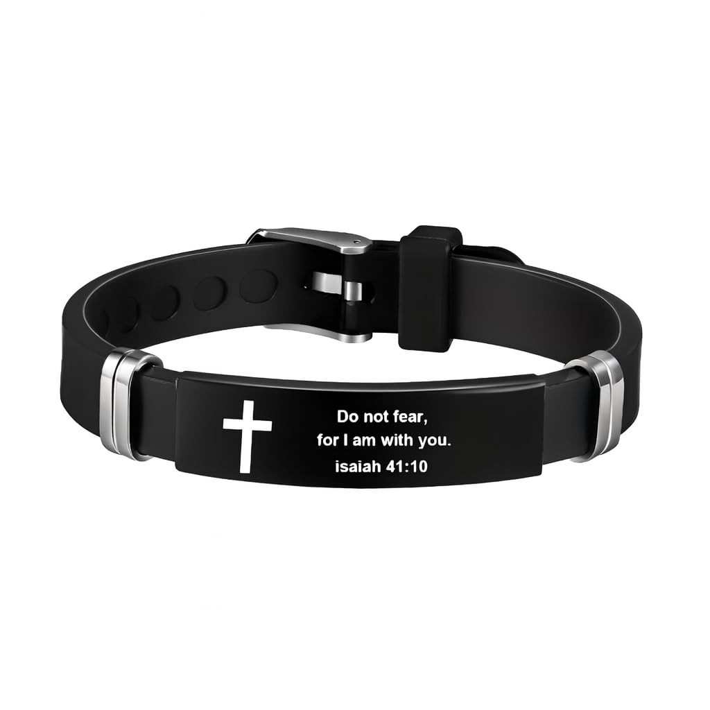 Christian Cross Bracelet with Proverbs 3:5, Phillipians 4:13, Matthew 19:26, Isaiah 41:10, Luke 1:37, Matthew 28:20 Scripture, Black Silicone Adjustable Watch Band, 9.05 inch Length