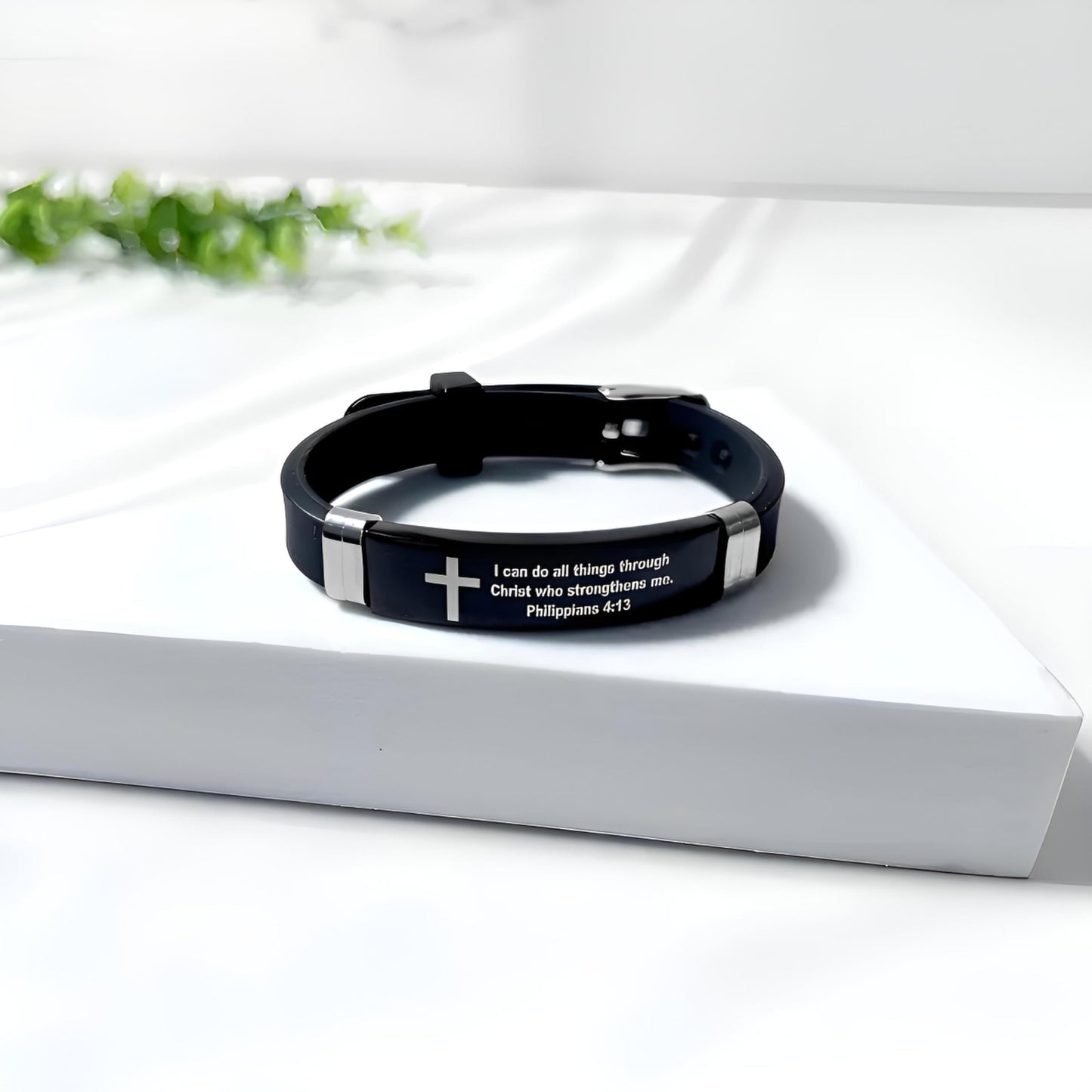 Christian Cross Bracelet with Proverbs 3:5, Phillipians 4:13, Matthew 19:26, Isaiah 41:10, Luke 1:37, Matthew 28:20 Scripture, Black Silicone Adjustable Watch Band, 9.05 inch Length