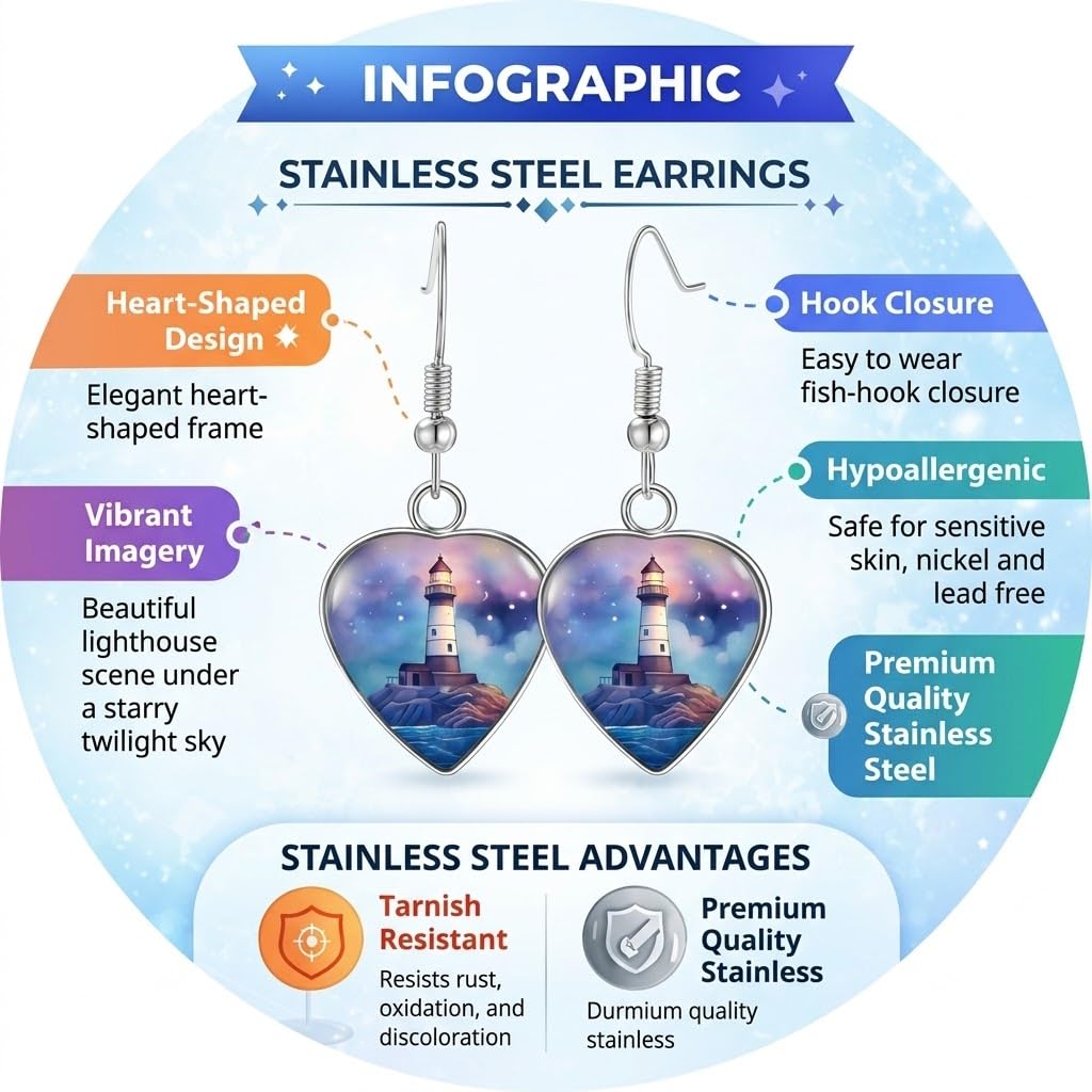 Teardrop Lighthouse Dangle Earrings, Nautical Design, 1.77 inch Length, Silver