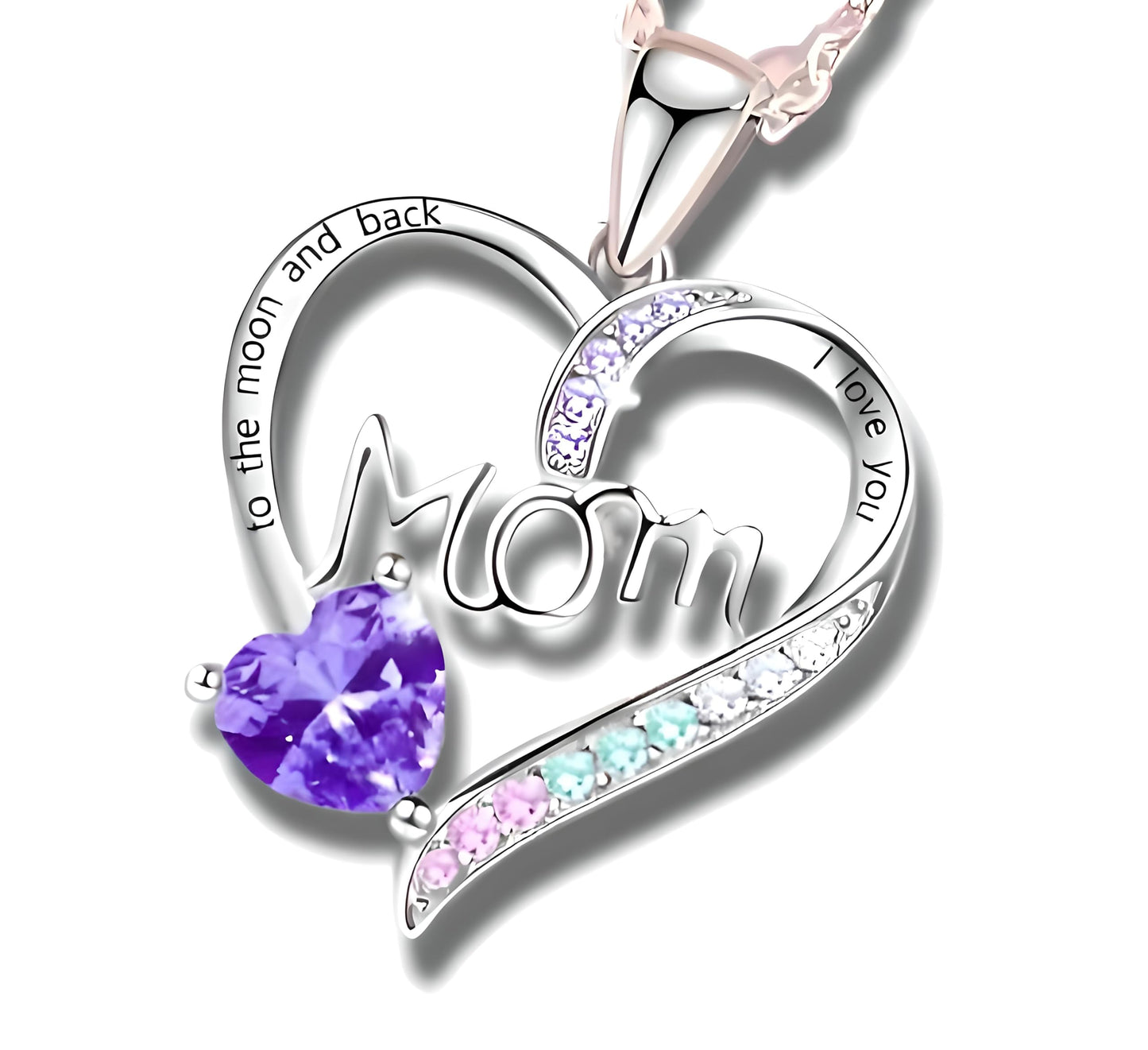Heart Mom Necklace, Sterling Silver Crystal Pendant with Pink Heart Stone, I Love You to the Moon and Back - Mother's Day Gift