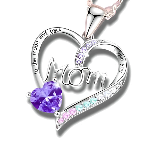 Heart Mom Necklace, Sterling Silver Crystal Pendant with Pink Heart Stone, I Love You to the Moon and Back - Mother's Day Gift