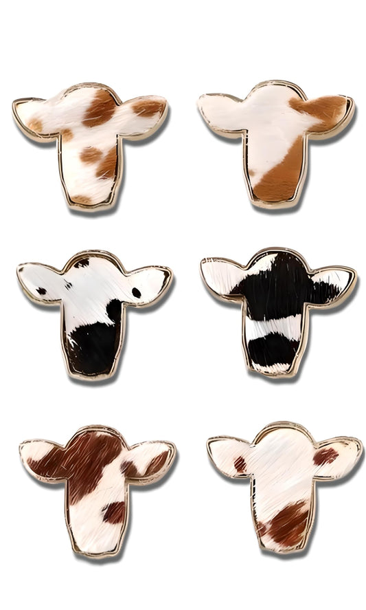 Cowhide Print Stud Earrings, 3-Set Gold-Tone Farm Animal Design, 0.78 x 0.62 inches -Brown, Orange, and Black Colors