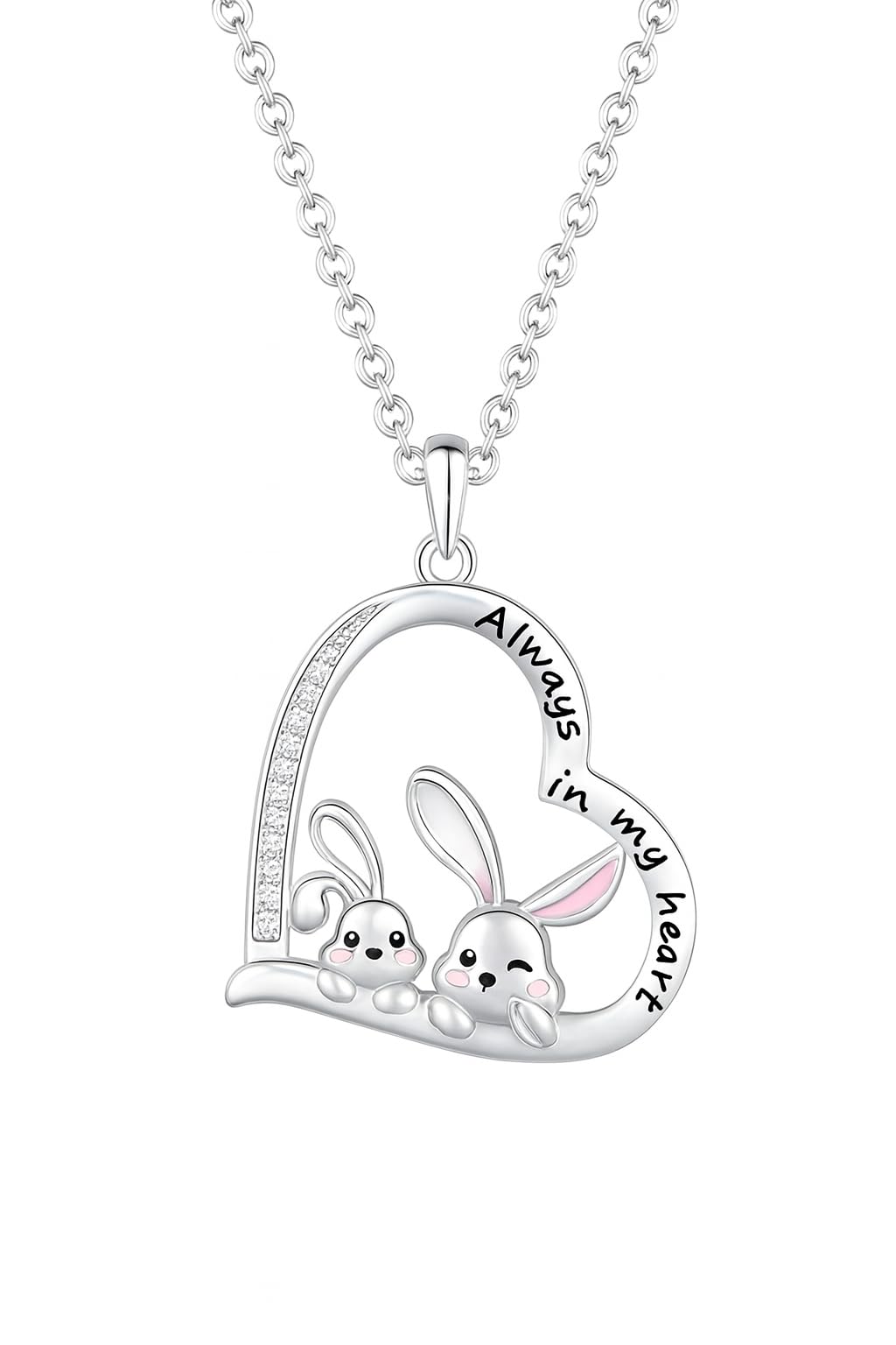 SUPAC Pair of Bunnies & Heart Pendant Necklace Always in My Heart - White Golden Plated Alloy with Resin Accents, Birthday or Friendship Gift, 3+ Options