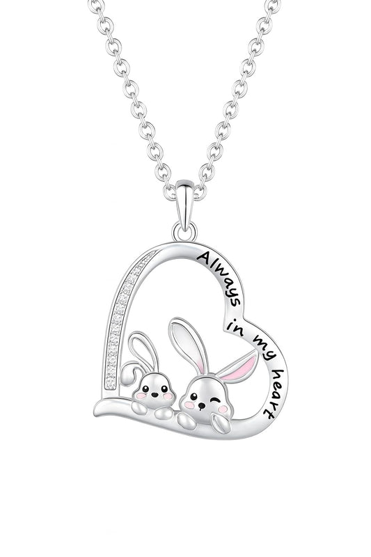 SUPAC Pair of Bunnies & Heart Pendant Necklace Always in My Heart - White Golden Plated Alloy with Resin Accents, Birthday or Friendship Gift, 3+ Options