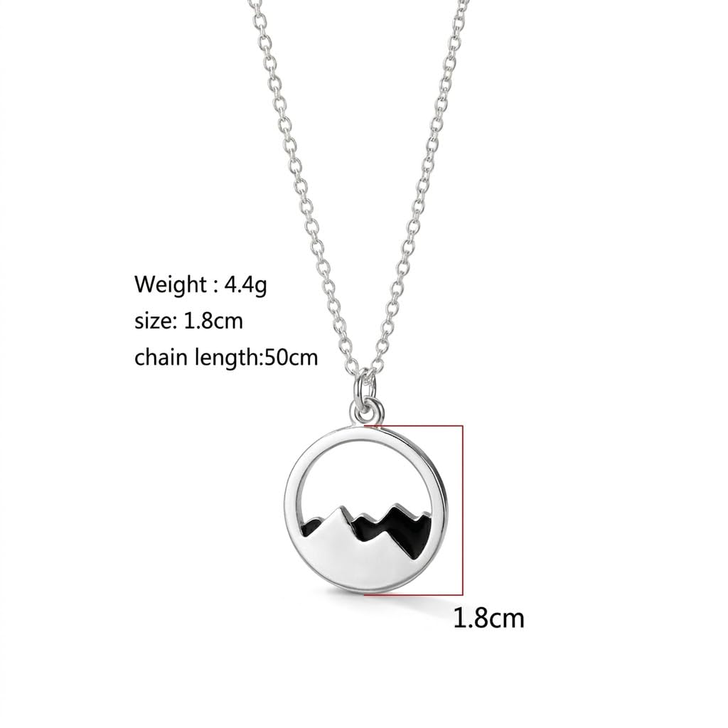 SUPAC Mountain Scene Pendant Stainless Steel Necklace, Silver Plated Chain, Nature Landscape Design, Circle Pendant (Black Mountain)