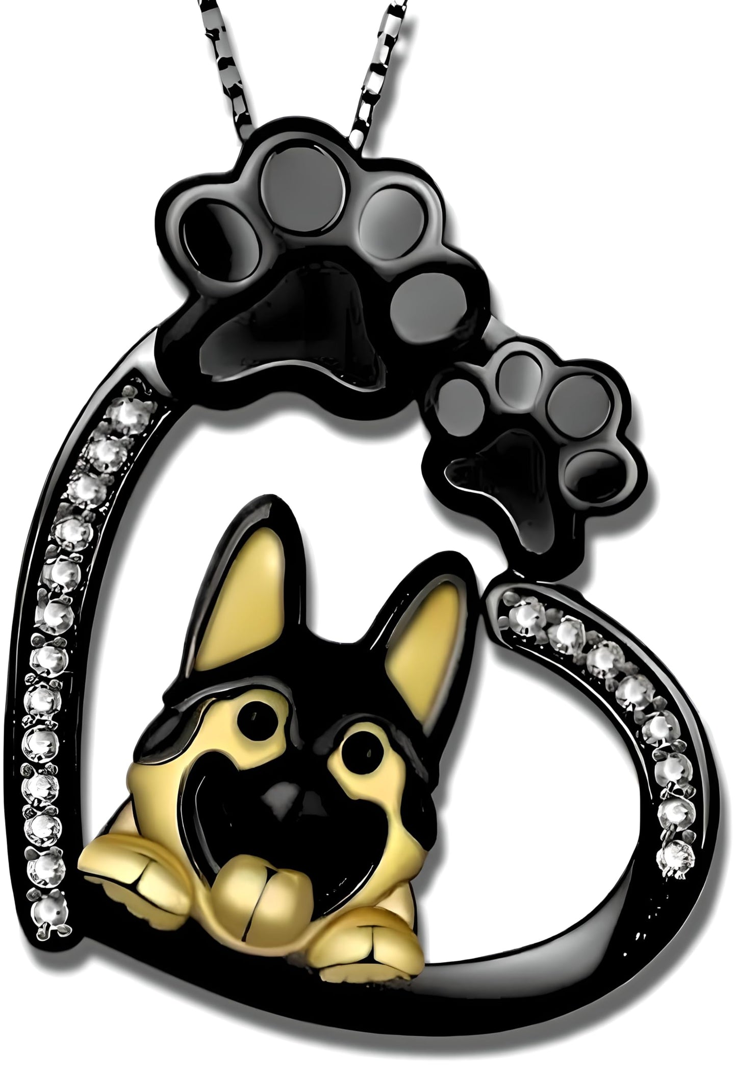 SUPAC Dog Breeds Necklace, German Shepherd, Labrador Retriever, Heart Pendant Necklace, Black and Gold, Crystal Paw Print Design, Dog Lovers Gift