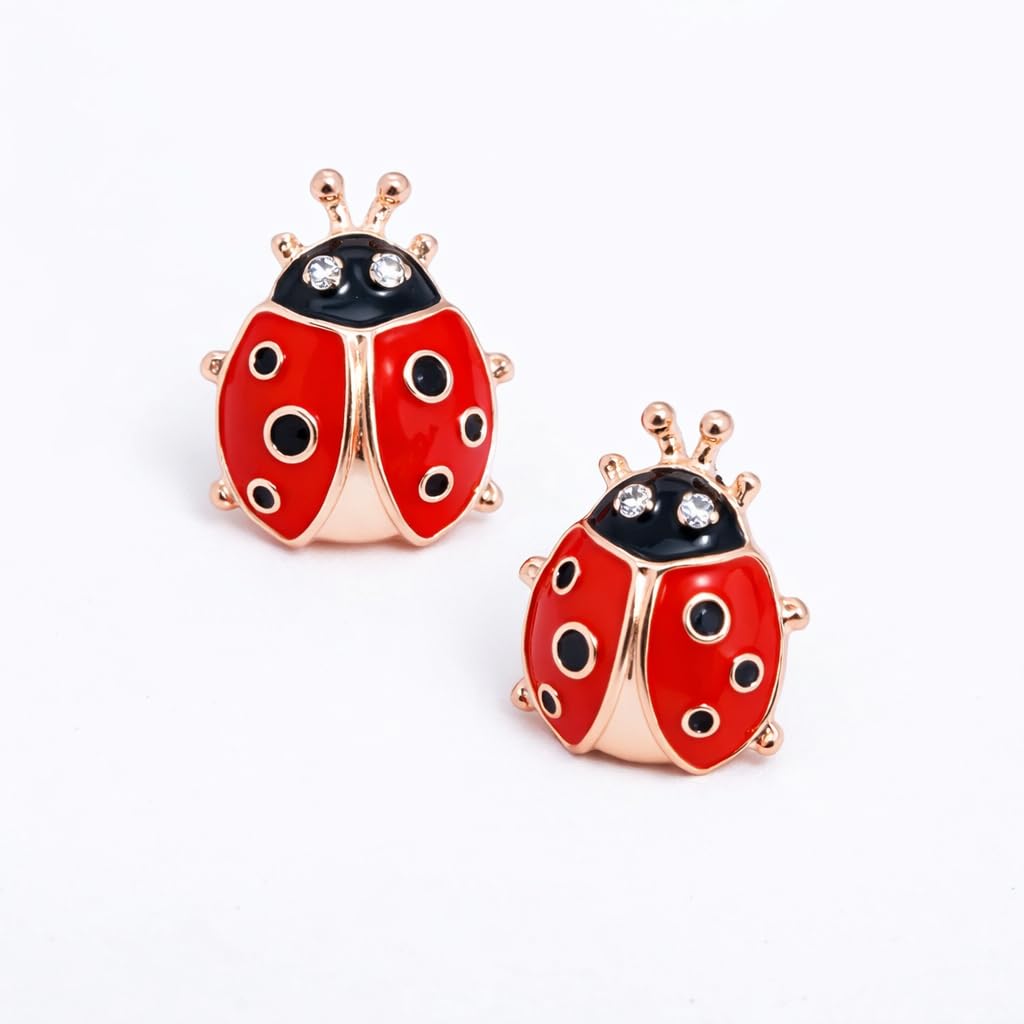 Cute Ladybug Stud Earrings, Red and Black Enamel with Crystal Rhinestones, Rose Gold Plated, 1.5cm x 1.2cm