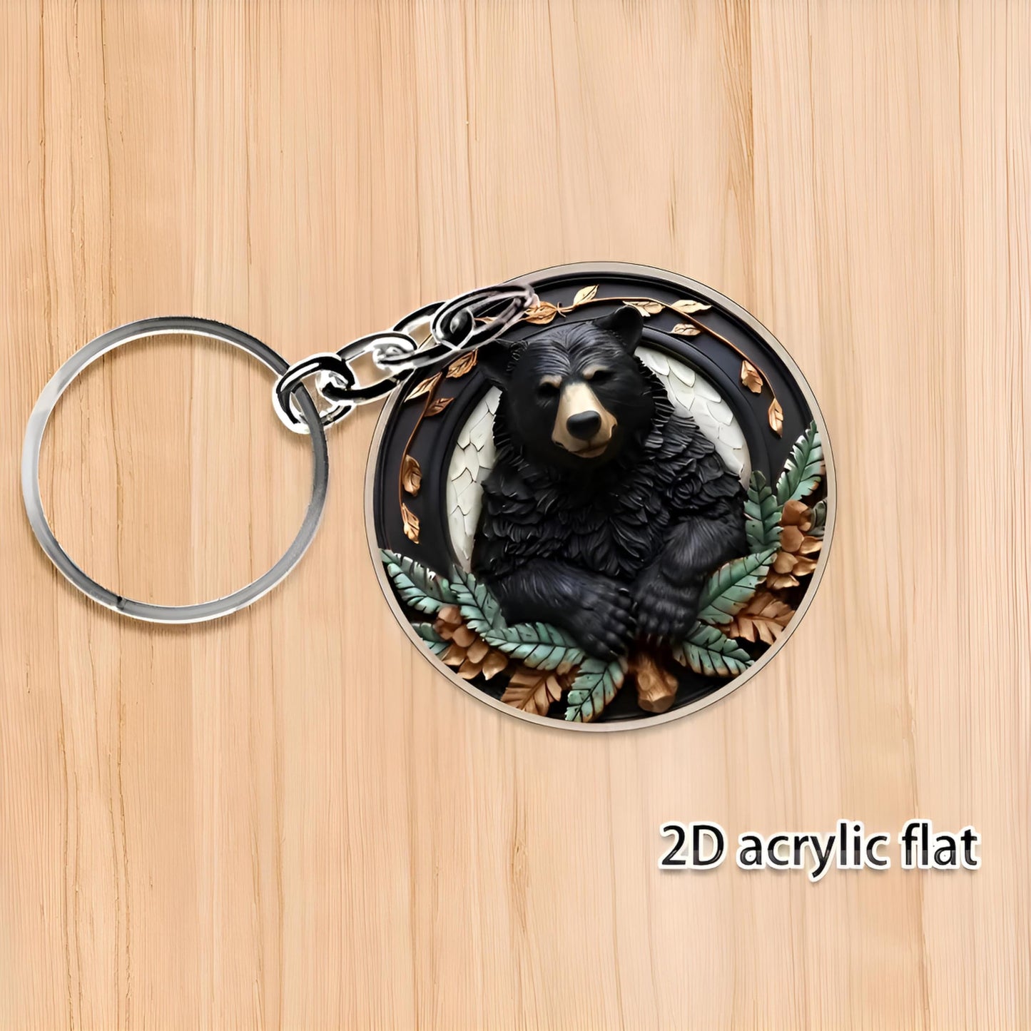 SUPAC 1pc Unique Bear With Forest Background Shaped Metal Keychain - Fashionable Circular Animal Keyring for Men and Friends
