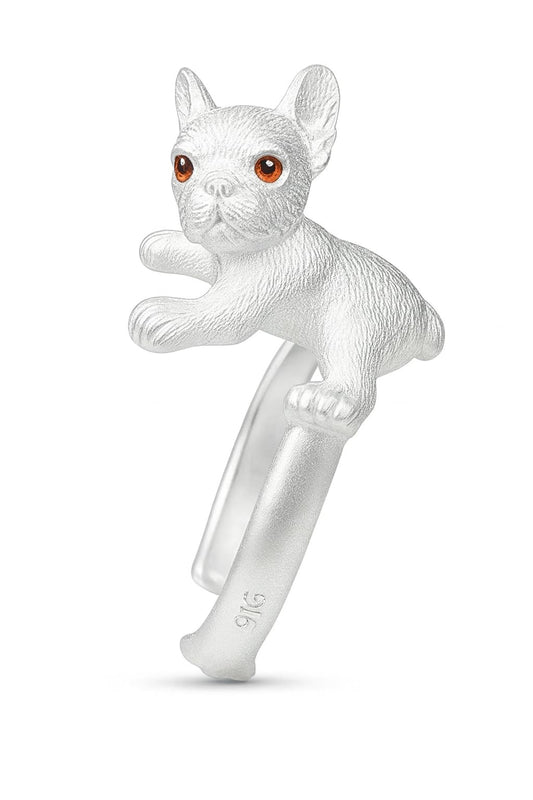 SUPAC Adjustable Silver Dog Ring, Westie Terrier and Bulldog Design, Fashion Jewelry (Silver w/red eyes)