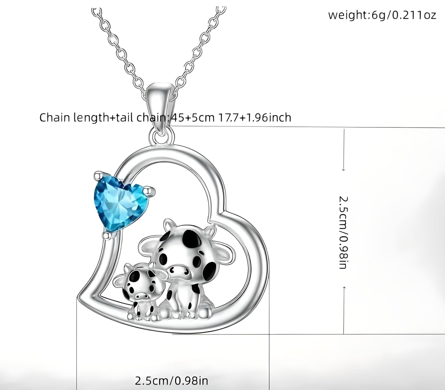 Blue Heart Shaped Mother and her Calf Cow Pendant Necklace for Women - Mother's Day Gift, Christmas, or Birthday Gift