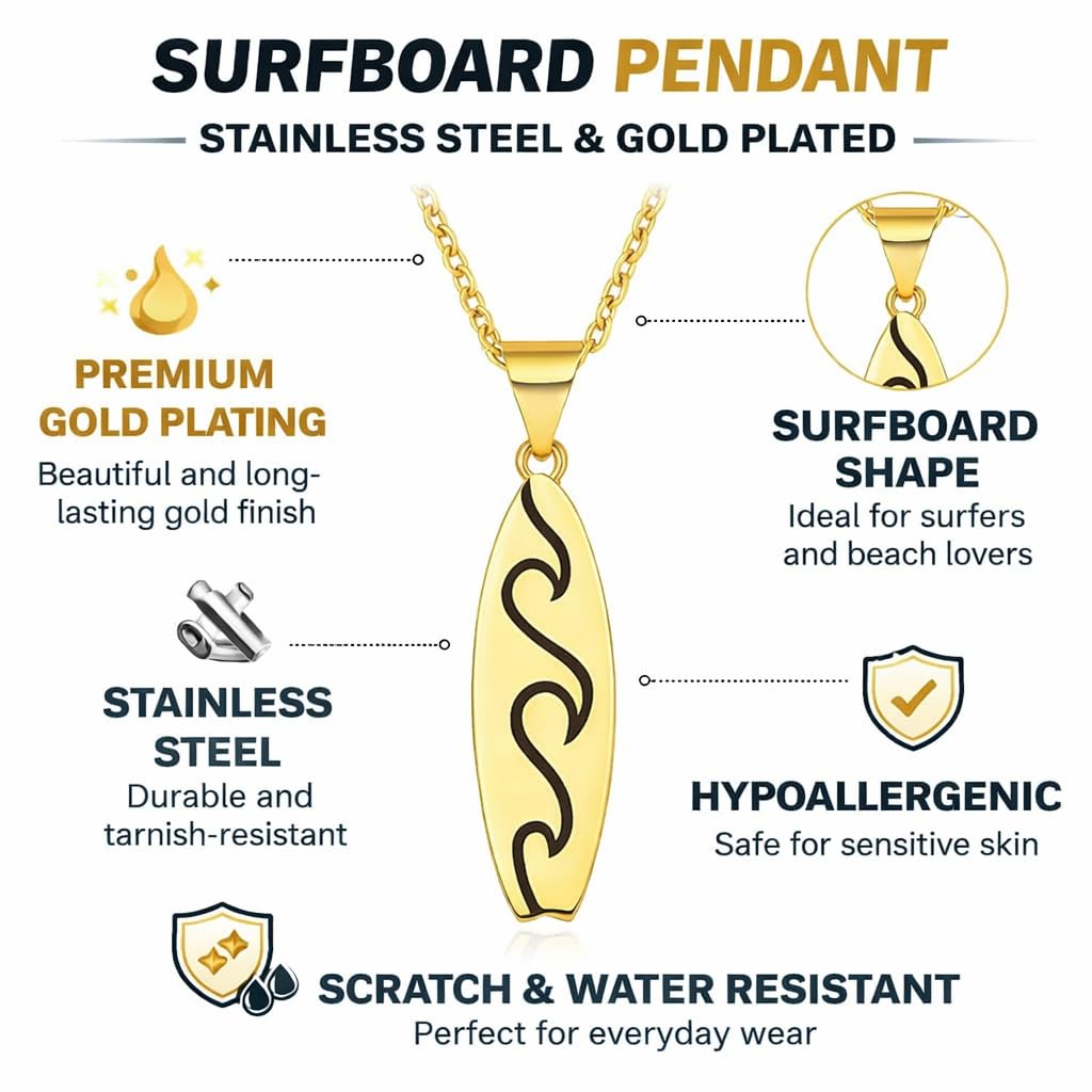 SUPAC Gold Surfboard Wave Pendant Necklace, 16.5 inch Chain with 2 inch Extension, Wave Design