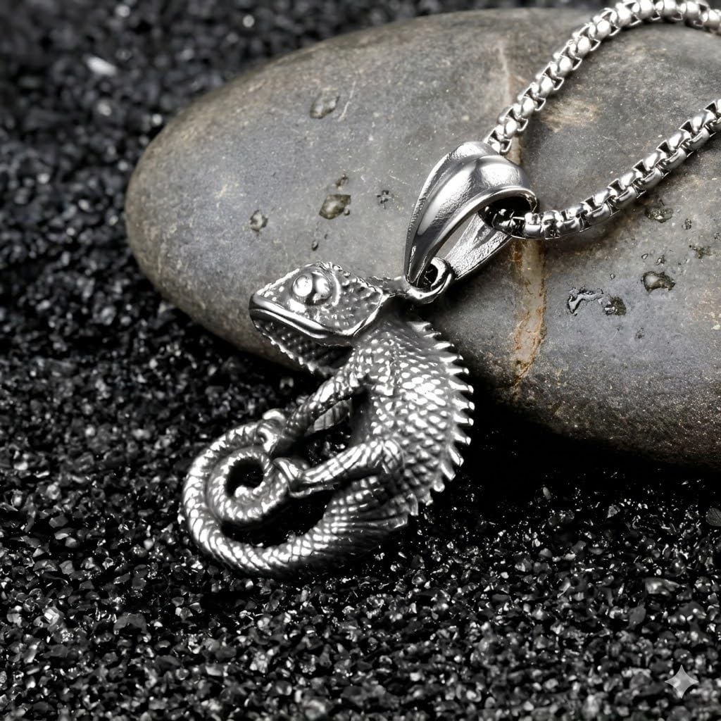 SUPAC Stainless Steel Chameleon Pendant Necklace, 3D Detailed Reptile Design, 23.6 Inch Chain Length, 1.43 Inch Pendant Size