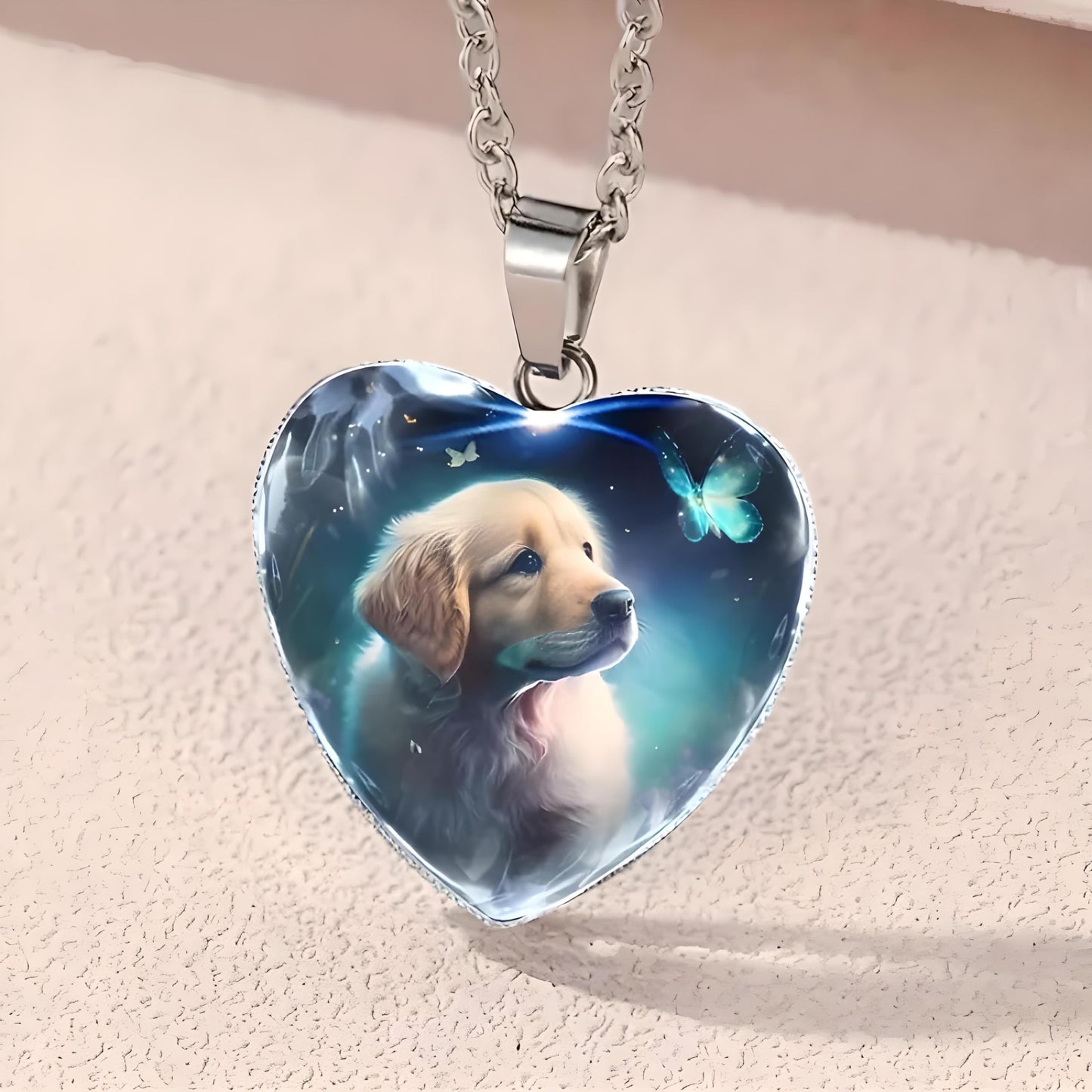 Heart-Shaped Pendant Necklace with Different Animals - Panda, Horse, Deer, Cat, Elephant, Dog Scenic Views, Stainless Steel Necklace with Glass Pendant - Christmas, Holiday, or Birthday Gift (Golden Retriver Puppy)