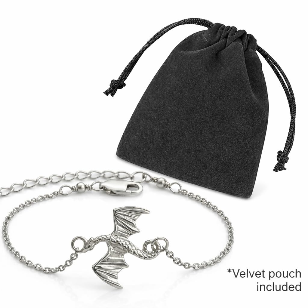 SUPAC Dragon Charm Bracelet, Silver Plated Stainless Steel, Adjustable Chain, Hypoallergenic, Waterproof, 9.84 in + 1.97 in Extender