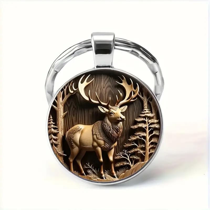 Mountain Sunset Stained Glass Art Keychain, Nature Scene Design, Round Pendant (Vintage Elk)