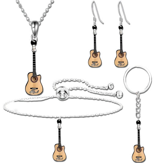 Guitar Jewelry Set, 5 Pieces, Acoustic Guitar Pendant Necklace, Bracelet, Earrings and Keychain, Silver Chain