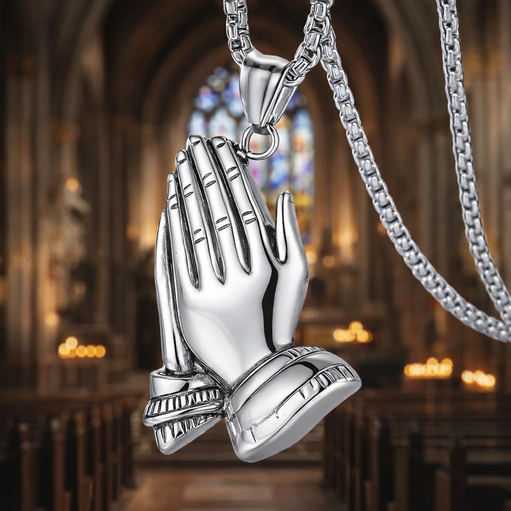 Exquisite Silver Prayer Hands Necklace - A Symbol of Faith, Elegance, and Spiritual Connection - 1pc Prayer Hands Stainless Steel Chain Pendant