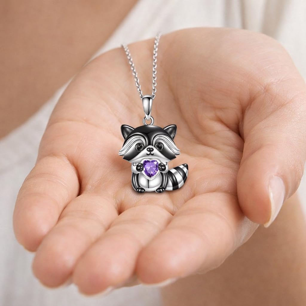 SUPAC Smiling Raccoon Necklace, Holding a Blue Heart, Silver and Black - Racoon Jewerly Gift