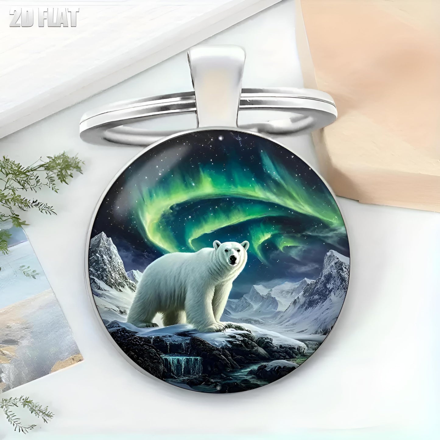 SUPAC 1pc Unique Bear With Forest Background Shaped Metal Keychain - Fashionable Circular Animal Keyring for Men and Friends