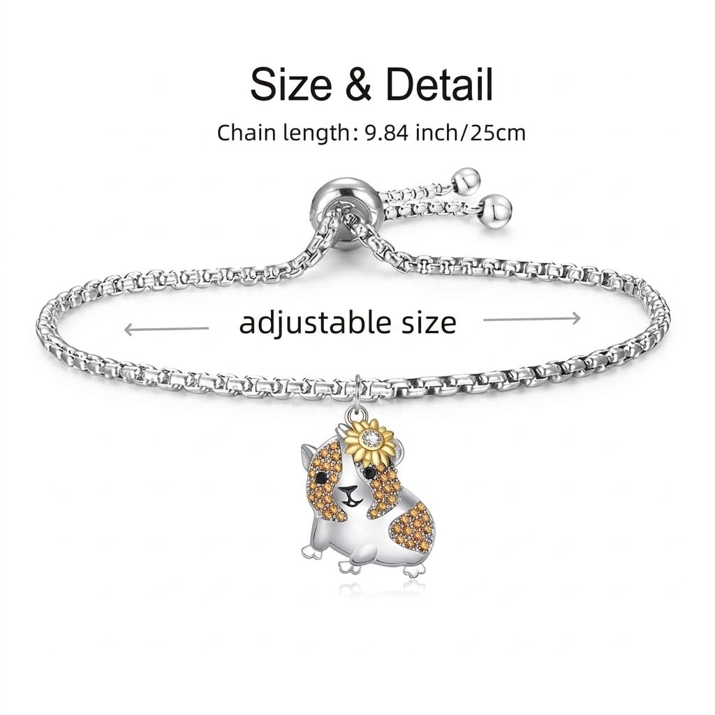 SUPAC Guinea Pig Hampster Charm Bracelet, Silver-Plated 316L Stainless Steel, Adjustable Bolo Style with Orange Cubic Zirconia, Hypoallergenic