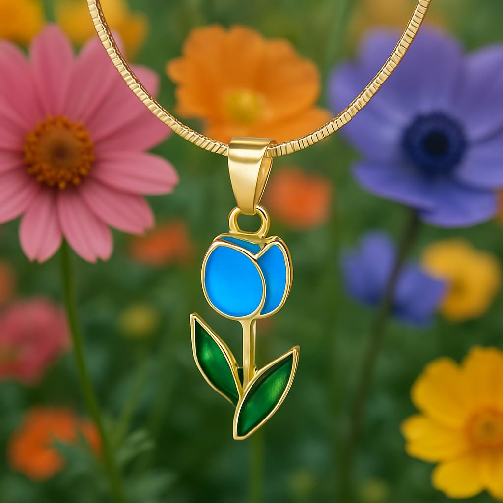 SUPAC Tulip Pendant Necklace, Gold-Plated Chain, Blue and Green Enamel Flower, 17.3 Inches