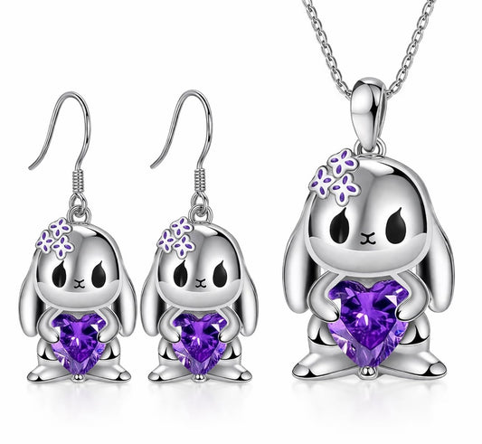 SUPAC Stainless Steel Angry Bunny Pendant Necklace with Purple Crystal Heart, 19.68 inch Chain - Silver Plated